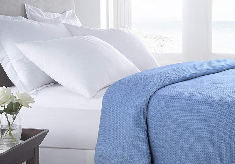 HILLFAIR 100% Combed Cotton Blanketâ€“ California King Size Bed Blanket â€“ Warm Soft All Season Breathable Blankets â€“ 102 x 108 inch Extra Large Oversized California King Cotton Blankets for Bed- Blue - Image 1